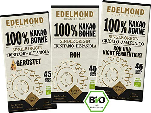 Edelmond Bio 100 % Schokolade Trilogie, Low Cadmium, 3 Tafeln, Feinkost | Roh, unfermentiert und geröstet nebeneinander, bitterste für Puristen, vegan, ohne Emulgator,