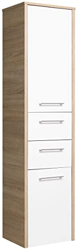 Pelipal Badezimmerschrank Quickset 382 in Weiß Hochglanz/ Eiche Natur quer Nachbildung, 40 cm breit | Halbhoher Midischrank mit 2 Türen, 2 Schubkästen und 3 Einlegeböden