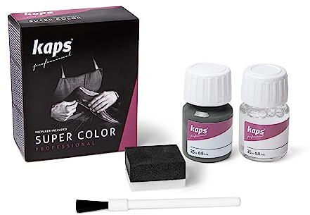 KAPS Professional Lederfarbe Super Color + Preparer für Naturleder, Synthetik und Textil (je 25 ml) zur Pflege und Reparatur von Lederschuhen in Verschiedenen Farben (115 - Dunkelgrau)