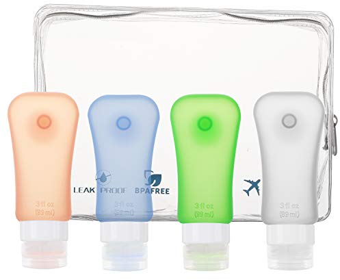 Moko Reise Flaschen Set, 4 Stück Silikon Auslaufsicher Reisebehälter Leckdichte Nachfüllbare Reiseflaschen BPA Frei Travel Bottle für Shampoo Toilettenartikel Spülung Pflegeprodukten, 3.1 OZ(89ml)