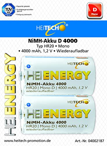 HEITECH 2er Pack NIMH-Akku Mono/D/HR 20 4000 mAh 1,2V - Wiederaufladbare Batterien mit geringer Selbstentladung - Akkus für Geräte mit hohem Stromverbrauch