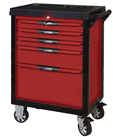 KS TOOLS - 809.0005 - Servante d'atelier Vide Ultimate 5 tiroirs - Caisse à Outil - Couleur Rouge - Plateau INOX - Porte flacons