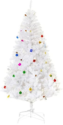 HOMCOM Albero di Natale Bianco 180cm con Addobbi e 930 Rami, Albero di Natale Artificiale in PVC