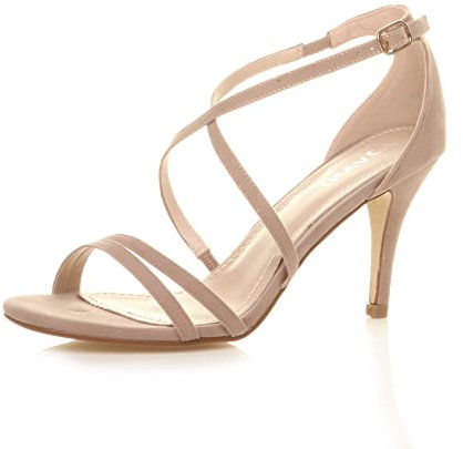 Ajvani Womens Ladies mid high Heel Strappy Crossover Wedding Sandals Shoes Size 5 38, Nude Suede, 5 UK