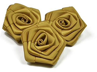 Rosen 6 cm x 3 Stück Satinrosen Aufnäher Deko Blumen Röschen zum Basteln Hochzeit Rosenköpfe Farbe: Gold 687