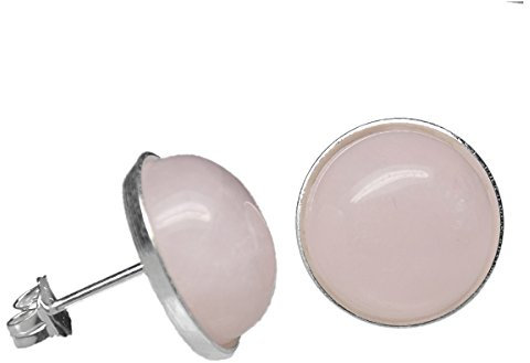 12mm Round Genuine Baby Pink Rose Quartz Cabochon 925 Sterling Silver Ear Stud Earrings Pair