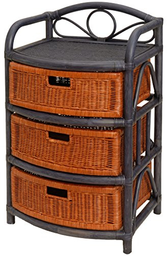 korb.outlet Rattan-Regal 3 Schübe 53x43x89 in Farbe Blau-Mahagoni, Kommode/Badregal mit Schubladen aus echtem Rattan