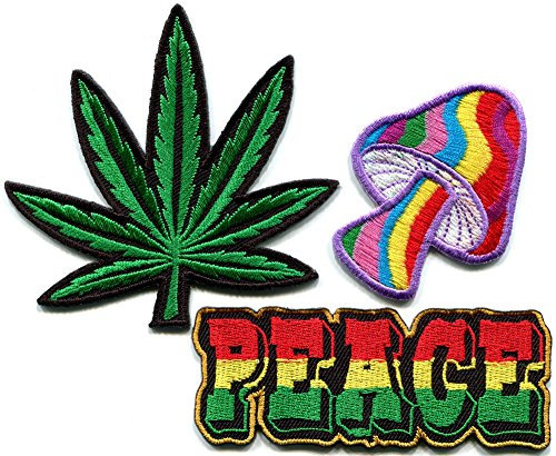 TKPatch Lot of 3 peace mushroom pot weed rasta reggae hippie retro embroidered appliques iron-on patches new