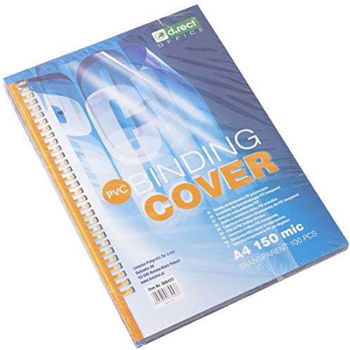 D.RECT Cubiertas de PVC A4, 150 micrones, transparentes, 100 unidades, cubiertas para encuadernadoras de plástico y alambre, parte frontal para encuadernar documentos