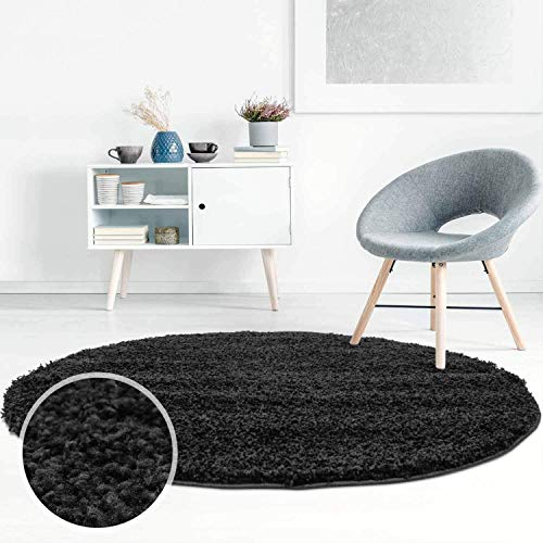 ayshaggy Shaggy Teppich Hochflor Langflor Einfarbig Uni Schwarz Weich Flauschig Wohnzimmer, Größe: 120 x 120 cm Rund