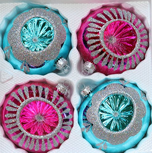 2 türkise und 2 Pinke Weihnachtskugeln aus Glas mit Silbern glänzenden Applikationen und Reflex Durchmesser 10 cm 4er Set