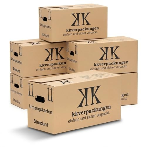 KK Verpackungen 90 Umzugskartons | Exklusiv: Griff-Verstärkungsfaden | 65 Liter, extra groß, 63x29x33 cm Umzugskisten, Nachhaltig, Beschriftungsfeld groß, Aufbewahrungsbox für schwere Lasten & Archiv