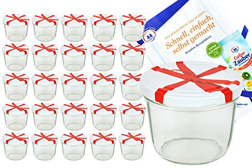 MamboCat 25er Set Sturzglas 230 ml to 82 weißer Deckel mit Schleifendekor incl. Diamant Gelierzauber Rezeptheft Marmeladenglas Einmachglas Einweckglas