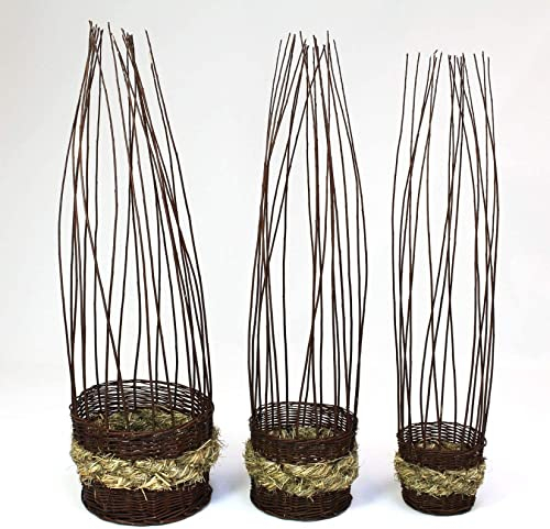 Dekoleidenschaft 3X Pflanzkorb aus Weide & Stroh, Blumentopf mit Rankhilfe, Pflanzgefäß mit Rankgitter, Gartendeko, Pflanzschale