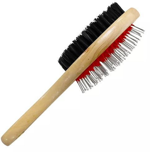Vetfleece Double Sided Dog Brush Cat Grooming Pet Massaging Cleaning Wooden Handle with Nylon Bristled and Metal Pins Detangler
