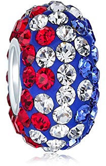 Espaceur En Cristal Rayé Patriotique Rouge Blanc Bleu Cœur En Argent Sterling .925 S'Adapte Au Bracelet À Breloques Européen Pour Femmes