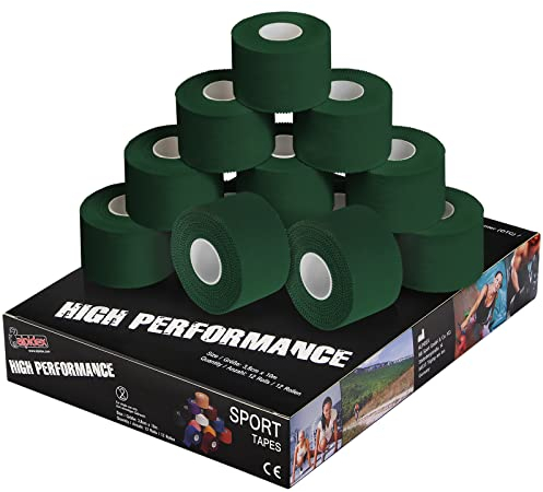 ALPIDEX 12 Rollen Sport Tape Set 3,8 cm x 10 m Gelenk Tapeverband Viele Farben Reißbares Unelastisches Sporttape Hautfreundlich Handball Fußball Volleyball, Farbe:grün