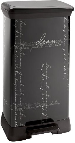CURVER Poubelle Rectangulaire à pédale Decobin 50L - Fermeture Douce - Aspect Métal - Pour Cuisine, Bureau, Salle de Bain - 39 x 29 x 72 cm - Noir, Décor Calligraphie - Recyclé(version précedente)