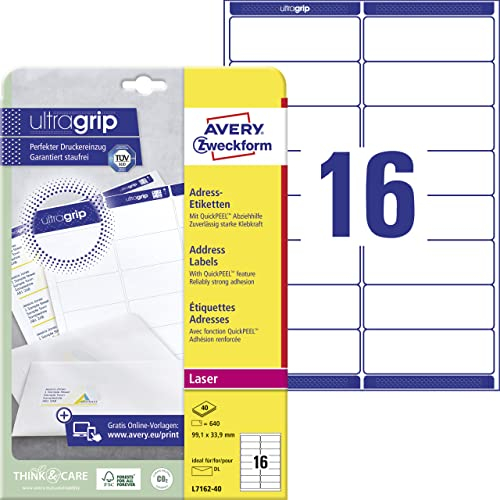 AVERY Zweckform L7162-40 Adressetiketten/Adressaufkleber (640 Etiketten mit ultragrip, 99,1x33,9mm auf A4, bedruckbar, selbstklebend, für DIN lang Briefkuverts, Papier matt) 40 Blatt, weiß