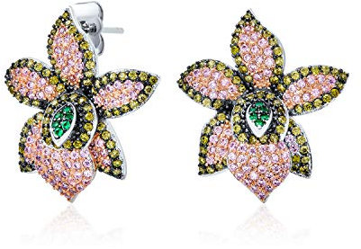 3D Grün Rosa Orchideenblumenförmige Pave CZ Große Ohrstecker Für Frauen Kubikzirkonia Versilbertes Messing