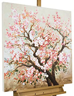 KunstLoft Leinwandbild | 100% HANDGEMALT | 80x80cm | Gemälde 'Heiteres Hanami' | Blüten | Rosa Braun | Wandbild Wohnzimmer
