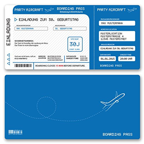 (100 x) Einladungskarten Geburtstag Flugticket Ticket Karte Einladungen in Blau
