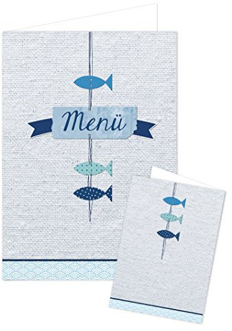 Logbuch-Verlag 50 maritime Menükarten blau weiß mit Fische Motiv - leere Speisekarten zum Bedrucken - Tischdeko Kommunion Taufe