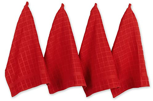DII Windowpane Dishtowel Set, Cotton, Red Solid, 16x26