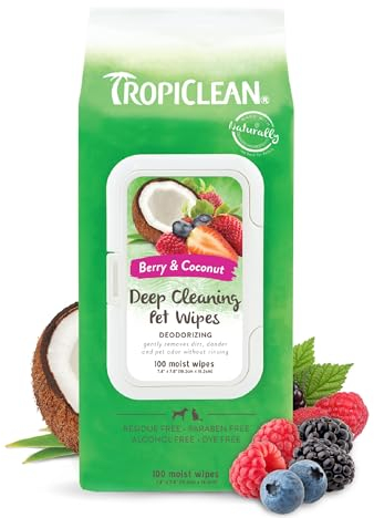 TropiClean Dog Wipes Grooming - Deep Cleaning & Deoderising Wipes for Dogs & Cats - Removes Dirt, Dander & Odour - For Pet Paws, Face, Body & Butt, Sweet Berry & Coconut, 100ct