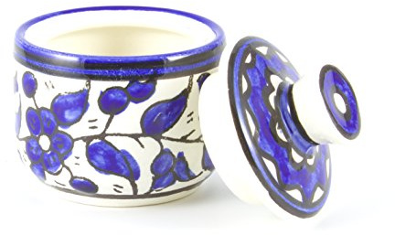 Small Armenian Ceramic Bowl with Matching Lid, Blue Flowers Design