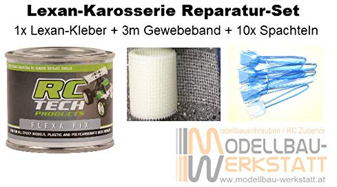 Modellbau-Werkstatt Lexan Karosserie Reparatur Set - Kleber Flexa Fix 100ml + 3m Gewebeband + 10 Spachteln Lexankleber