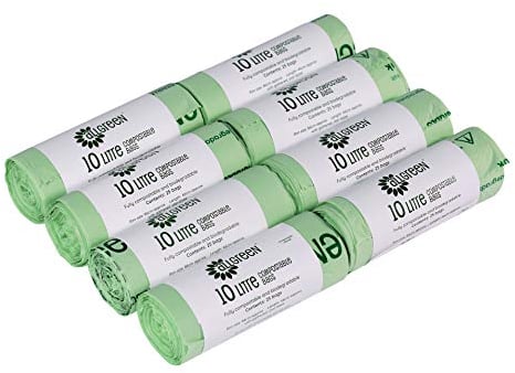 10 Litre x 200 All-Green Compostable Bags - Kitchen Food Waste Caddy Liners - EN 13432-10L Bin Bags with Composting Guide