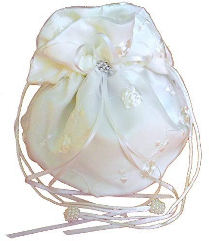 LadyMYP© Brautbeutel, Brauthandtasche mit gestickten Blumenranken, Hochzeit, Kommunion, weiß/Ivory (hellcreme, Elfenbein) ca. 16 * 20 cm (Ivory(Hellcreme))
