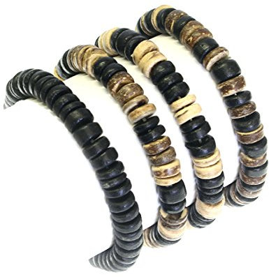 benerini Set Of 4 - Coco Wood Bead Elasticated Surfer Style Bracelets/Wristbands - MAXIMUM WRIST SIZE 17 CM - SET STYLE B