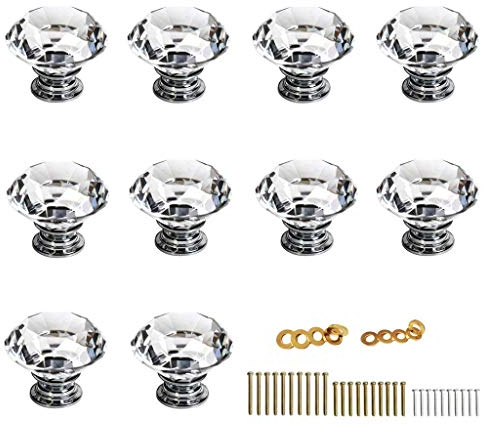 IGNPION 10X40mm Diamond Cut Clear Crystal Glass Kitchen Drawer Door Knob Cupboard Pull Handle Hardware for Bedroom Furniture, Bedside Cabinet, Dresser Unit and Chest
