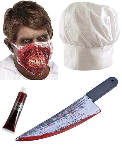 Mega_Jumble Halloween Bloody Monster Chef Horror Theme Hat Fake Blood Blood Splattered Butcher Knife & Half Face Mask Kitchen Evil Slayer Chef Butcher Blood Spatter