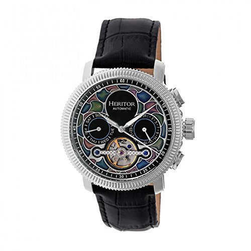 HERITOR Aura Automatic Watch for Men – 44mm Men's Skeleton Watch with Jeweled Automatic Movement, 316L Stainless Steel Case, Sapphire-Coated Mineral Crystal, Leather Strap (HERHR3501) - Silver/Black