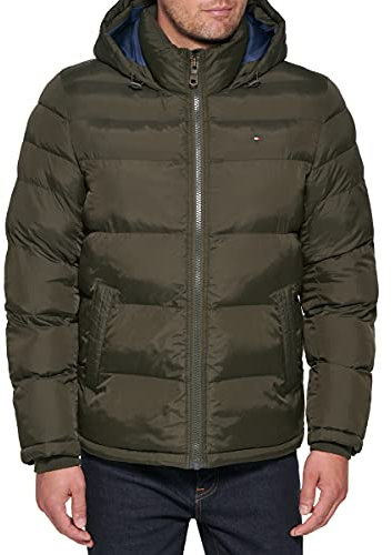 Tommy Hilfiger Men's Hooded Puffer Jacket Down Alternative Outerwear Coat, Olive, S