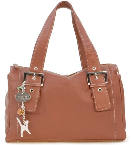 Catwalk Collection Handbags - Damen Leder Schultertasche - Handtasche Mittelgroß mit Viele Fächer - Jane - Hellbraun