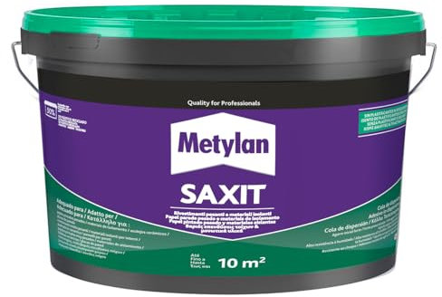 Metylan Saxit, Adesivo Acrilico Beige per Incollaggi di Rivestimenti in Interni, Piastrelle, Perlinature, Mosaici, PVC rigido, Schiuma di PVC, Sughero, Zoccolini e Battiscopa, Secchio da 4Kg
