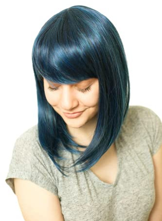 Prettyland Damen Blau Schwarz Strähnen Mittellange Schulterlang Glatte Natürlich Matte wie Echthaar Bob Perücke Wig C180
