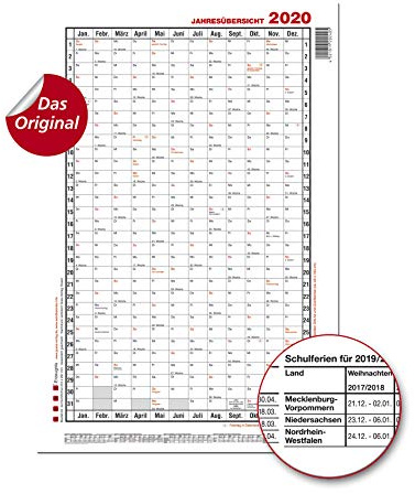 GÜSS Jahresübersicht 2020 Hochformat, Nr. 5a, DIN A1, Tagesfeld: 4,3cm x2,6cm, Größe: 60cm x 98cm: DIN A1 Hochformat - 190 g/m² Postkartenkarton - ... 4,3 cm x 2,6 cm, - Größe: 60 cm x 98cm