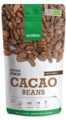 Purasana® Kakaobohnen – 200 mg Rohkakao – 100% Bio, Vegan, Hoher Ballaststoffgehalt zur Darmpflege – Ohne Zucker