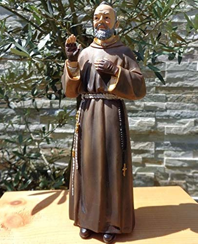 XL ÖLBAUM - Handbemalte Heiligenfigur Pater Pio / Padre Pio, mit Mönchskutte braun, mit Rosenkranz / Kreuz und den typischen fingerlosen Lederhandschuhen, die seine Wundmale / Stigmata bedecken - sehr standfest, ohne Sockel - alle ÖLBAUM HEILIGEN- und Krippenfiguren zeichnen sich durch extrem sauber gearbeitete und präzise Gesichtszüge der Figuren aus, coloriertes Holzfiguren- bzw. Echtholzimitat, standfest und robust