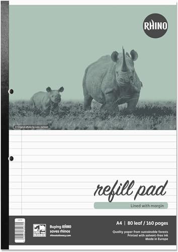 RHINO Stationery A4 Refill Pad 80 Leaf/160 Page | 8mm Ruled with Margin | Pack of 10 - Side Binding & Quality Paper - Ideal for Students, Schools & Offices