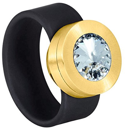 Heideman Ring Colori Damen Wechselstein Zirkonia weiß Edelstahl | Colori Wechselring Gold, schwarzes Band, Edelstahl-Fassung, Zirkonia & Perle austauschbar, Damen, nickelfrei, Geschenk