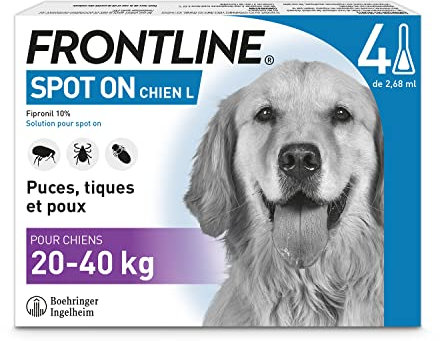 FRONTLINE Spot On Chien - Anti Puces, Anti-Tiques & Poux - Élimine Puces Pendant2 mois/Tiques Pendant 1 mois - Pour Petit Chien 20 à 40 kg - Fabriqué En France - 4 Pipettes