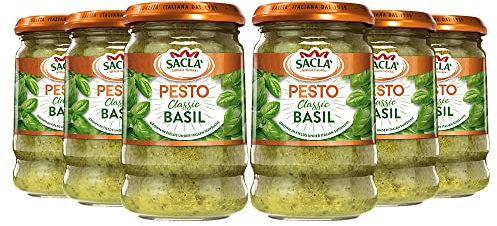 Sacla Italian Basil Pesto - Perfect with Pasta, Pizza, Garlic Bread and Tagliatelli - Made with Fresh Basil Leaves, Italian Cheeses and Pine Nuts - 190g (Pack of 6)