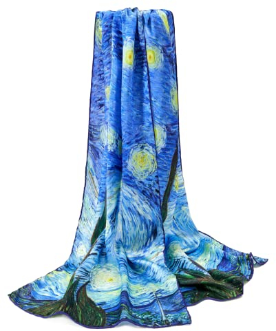 Prettystern Damen 160cm Handrolliertr Seiden-schal mit Kunst-Motiv blau Van Gogh - Sternennacht (starry Night) - P117