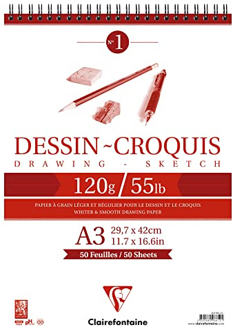 Clairefontaine - Ref 96612C - Wirebound White Drawing Sketch Pad (50 Sheets) - A3 Sized, 120gsm Paper, White & Smooth Drawing Paper, Acid Free, pH Neutral